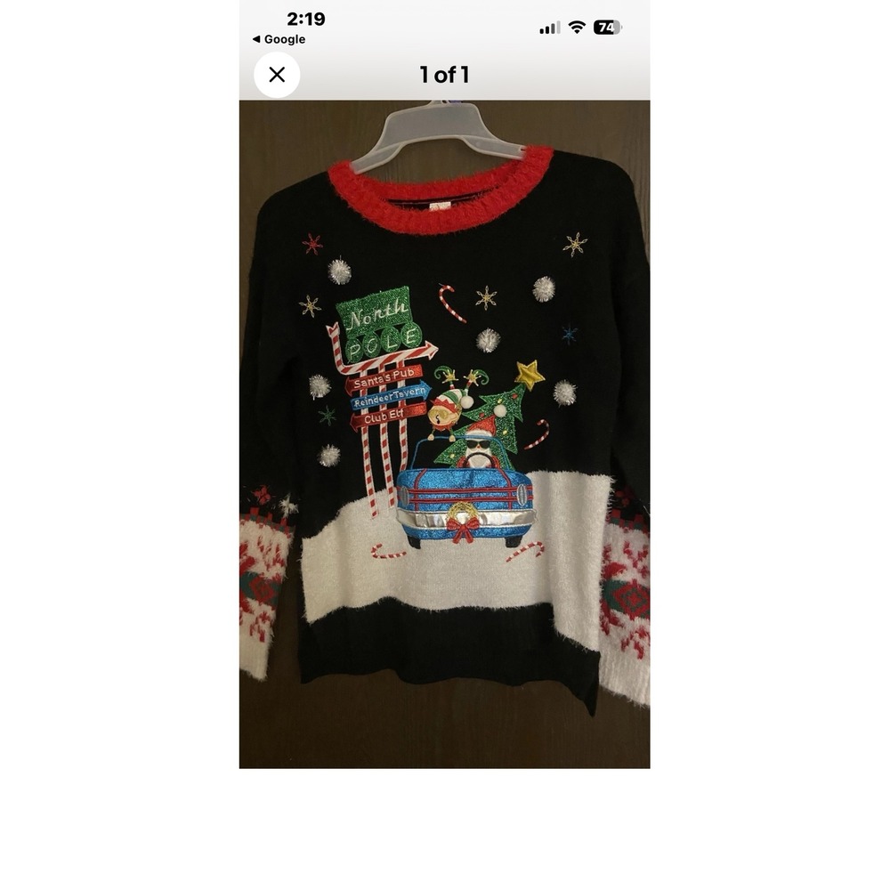 Holiday Time Womens XL Ugly Christmas Sweater Santa North Pole Car Pom Poms Knit